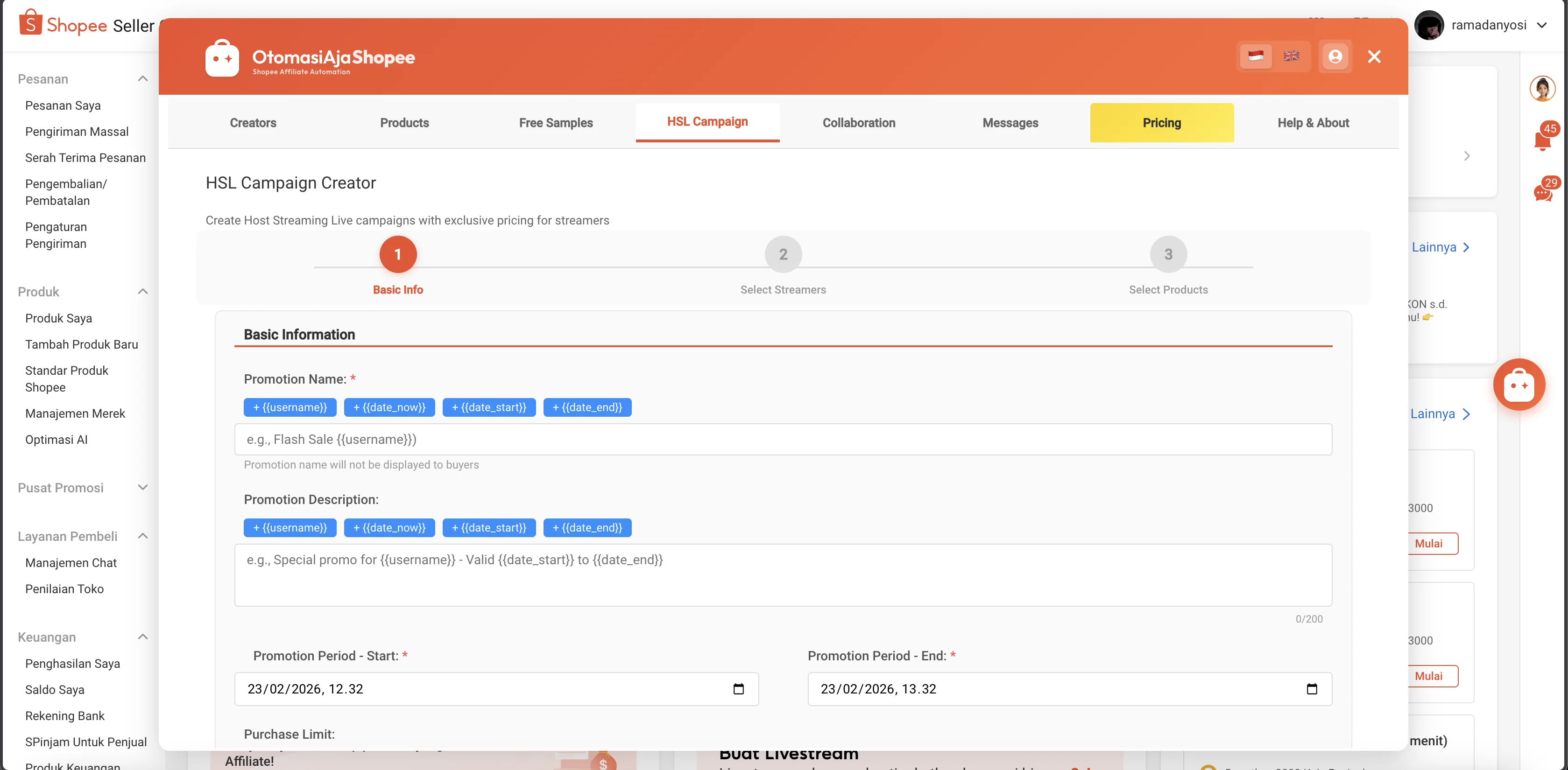 Panel OtomasiAjaShopee terbuka di atas halaman Shopee Seller Centre, menampilkan pembuat kampanye HSL dengan tiga langkah