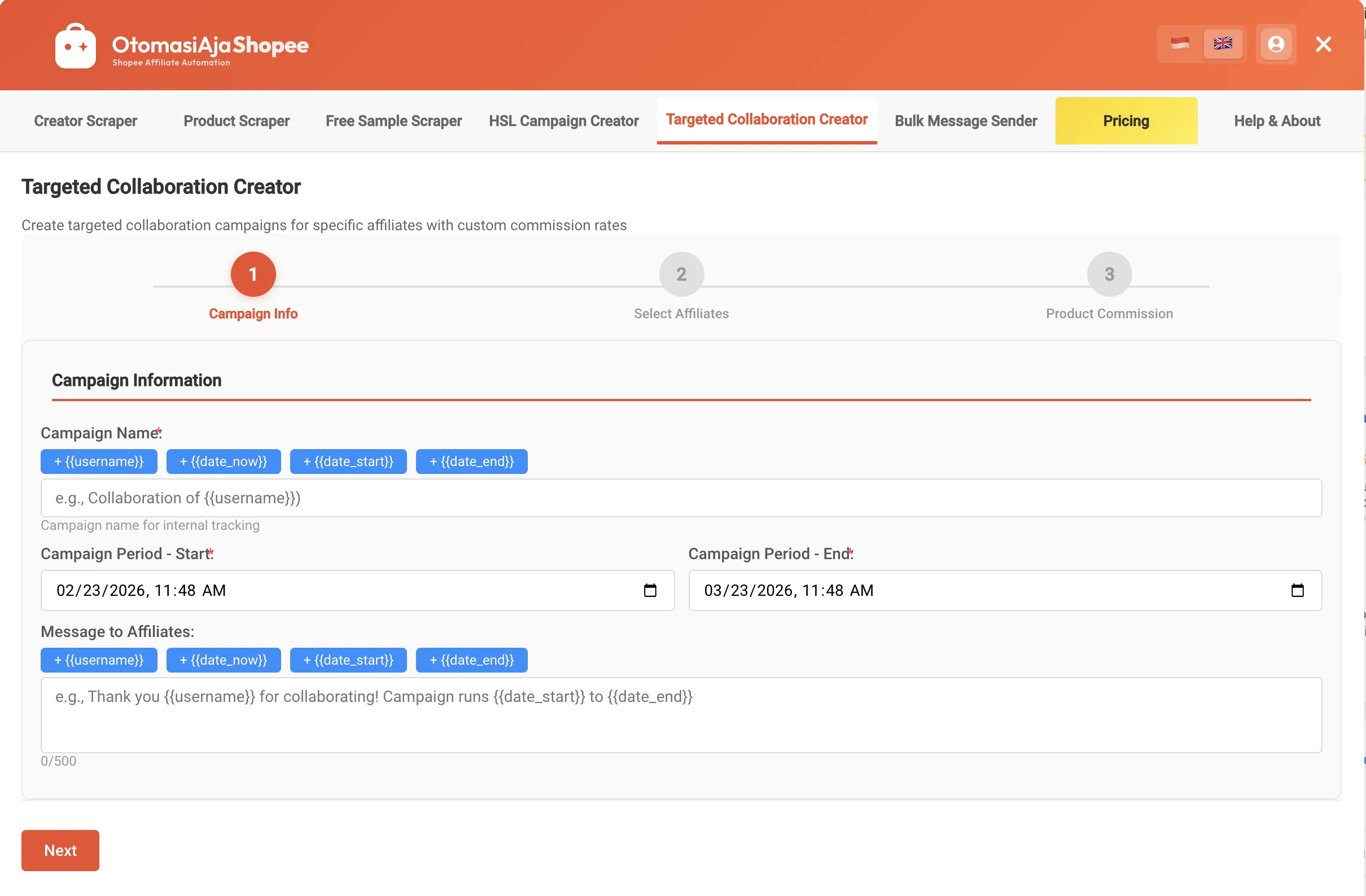 Panel OtomasiAjaShopee di dalam Shopee Seller Centre, menampilkan Targeted Collaboration Creator dengan form kampanye tiga langkah